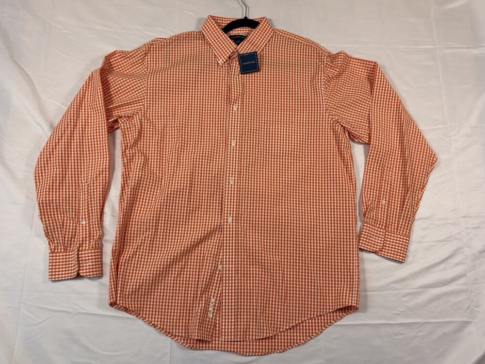 Lands' End Men’s Shirt Large 16-16.5 L/S Orange White Plaid